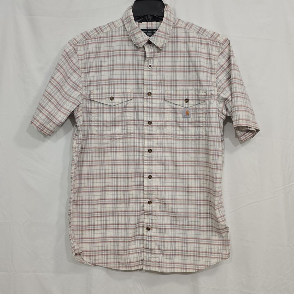 Carhartt Rugged Flex Men's L Tall Gray Red Plaid Cotton Spandex Shirt Pockets